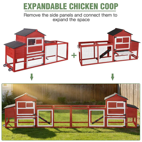 Mobile Chicken Coop On Wheels For Four To Six Hens With Run, Large Outdoor Hen House with Expandable Design, Red