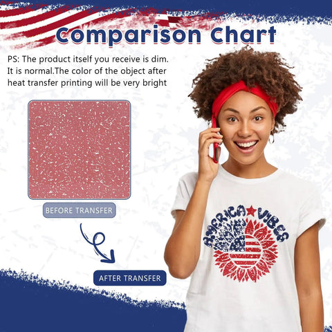 Comparison chart showing before and after transfer on a shirt using Independence Day USA Flag Sublimation Transfer Paper 10 Sheets 12x10.