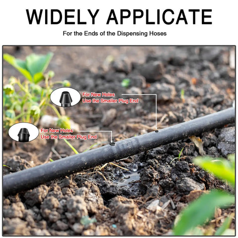 Drip Irrigation Barbed End Cap Plugs One Quarter Inch Pack of 100 used in garden soil with irrigation tubing visible