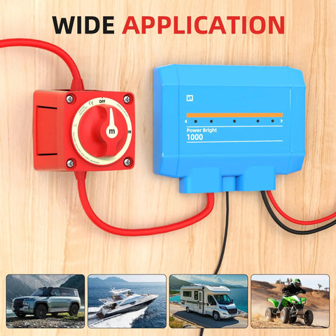Beefy 12V 48V Battery Disconnect Switch With 300A Capacity next to power bright unit, shown with car boat RV ATV images.