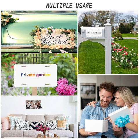 Collage showing uses for 10 Pack Sublimation License Plate Blanks 12x6 Inches 0 65mm Thick White Aluminum in various settings