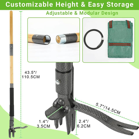 Stand Up Weed Puller Tool With Dual Action Pop Up Mechanism For Easy Weed Removal In Garden Lawn And Yard 43.5 Inch Long Durable Ergonomic Handle For Quick Dirt Uprooting, bamboo handle and 4-claw steel head