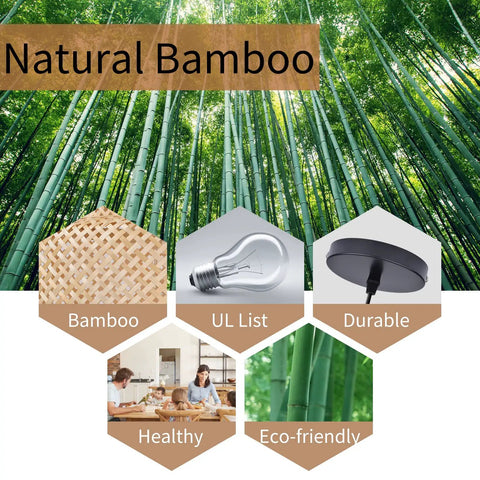 Bamboo Pendant Light For Kitchen Island And Living Room, Rattan Handwoven Hanging Fixture With Natural Bamboo Lampshade, Rustic Chandeliers