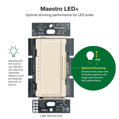 Maestro LED Dimmer Switch For Dimmable LED Halogen And Incandescent Bulbs 150W Single Pole Or Multi Location Light Almond Finish