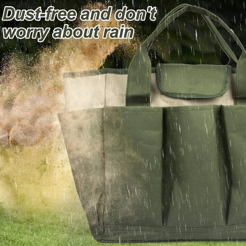 Heavy Duty Canvas Garden Tool Bag With Eight Pockets shown outdoors with rain protection feature