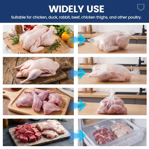 Pro Grade Poultry Shrink Wrap Bags Kit With Fifty Food Grade Vacuum Sealing Sacks Heat Resistant Zip Ties Silicone Straws And Labels No Hassle Chicken Storage Gear That Locks In Flavor And Slays Freezer Burn At 13 X 18 Size used for various meats in vacuum bags.