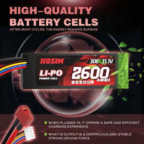 Image of a Beefy 2 Pack 11.1V 2600mAh LiPo Battery for Brushless RC Cars Trucks Boats, 30C High Discharge, shown with connectors