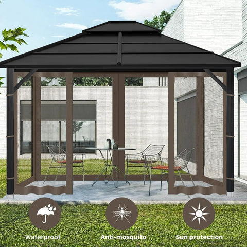 Outdoor 10x10 Gazebo Mosquito Netting Replacement Panels Set With Zipper Doors, coffee color, installed in garden