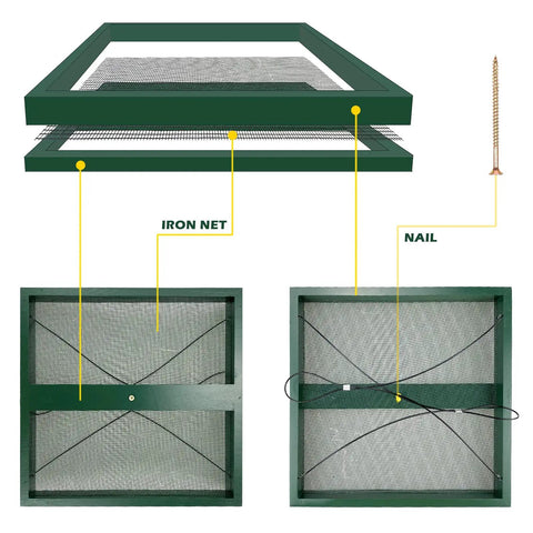 Assembly components of Hanging Bird Feeder Tray Outdoor Garden Platform Wooden Seed Tray With Mesh Feeding Surface For Yard And Patio