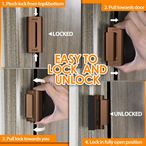 Steps to lock and unlock Heavy Duty Door Reinforcement Lock For Home Security With 3 Inch Stop And 800 Pound Force Kid Safe Childproof Door Latch Guard