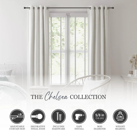 Chelsea Ball End Curtain Rod For Windows, No Fuss Adjustable 48 To 86 Inches Extendable Steel Rod In Black Finish, Durable 5/8 Inch Diameter For Light To Medium Weight Curtains, Easy Install