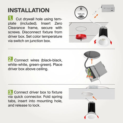 Installation guide for Two-Inch Recessed Led Lights With Junction Box For No Sweat Install Smooth Glow Dimmable Downlights.