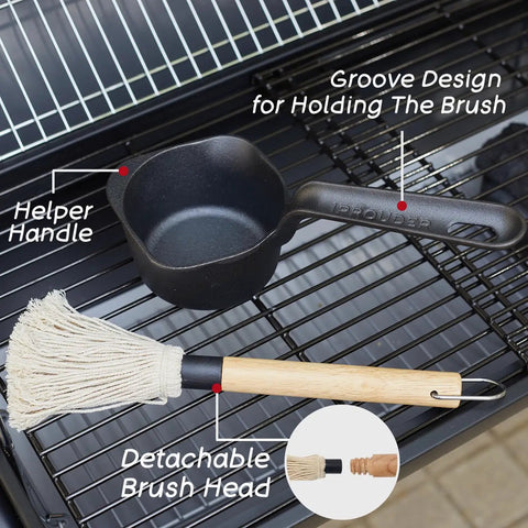 Cast Iron Sauce Pan And Basting Pot Set With BBQ Mop Brushes For Grillin Melting Butter Campin And Stove Top Cooking on grill