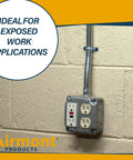 4 Inch Square Electrical Box And 2 Gang Duplex Receptacle Exposed Work Cover Pack installed on wall