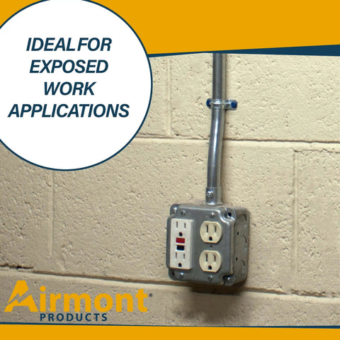4 Inch Square Electrical Box And 2 Gang Duplex Receptacle Exposed Work Cover Pack installed on wall