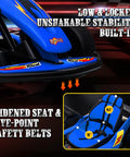 Close-up of blue 24V Dual 200W Electric Go Kart For Kids 6 To 12 showing seat with five-point safety belts and graphic detail.