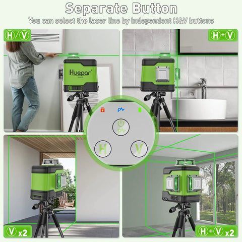 Close-up of Self Leveling Laser Level With 3x360 Green Beams For Pro Grade Cross Line Three Plane Layout And Quick Horizontal And Vertical Alignment A Must Have For DIY And Construction Pros Includes Li Ion Battery And Portable Tool Bag showing four usage scenarios