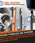 Close-up of 2X No-Nonsense Deburring External Chamfer Tool with tungsten carbide blade repairing metal screw threads.