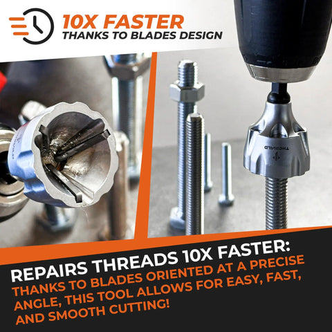 Close-up of 2X No-Nonsense Deburring External Chamfer Tool with tungsten carbide blade repairing metal screw threads.