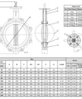 UNOX lug-type butterfly valve DN100 (4") with cast-iron body, iron disc, EPDM gasket; multi-view technical drawing.