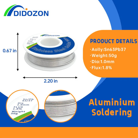 Pro Grade 63-37 Solder Wire For Aluminum And Stainless Steel, Flux Core, 1.0mm Diameter, 50g Pack, dimensions and details shown