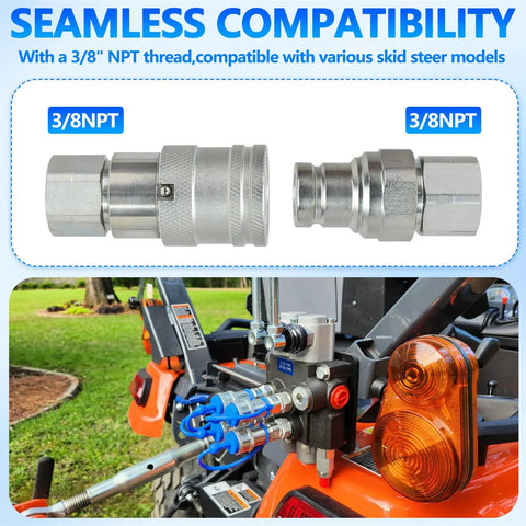 Flat Face Hydraulic Quick Connect Couplers Three Eighths Inch NPT ISO 16028 With Dust Caps Male And Female Set on machinery