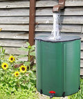 750L Foldable Rain Barrel With Large Capacity Water Storage Tank Portable Rainwater Harvesting Container With Filter Tap Kit outdoors.