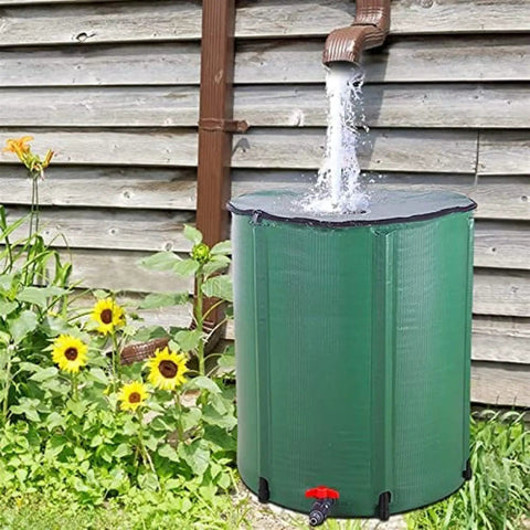 750L Foldable Rain Barrel With Large Capacity Water Storage Tank Portable Rainwater Harvesting Container With Filter Tap Kit outdoors.