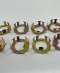 Eight rainbow-finish metal spindle nut retainers for EZ-Lube jam nut.