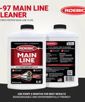 Two bottles of Roebic K-97 Main Line Cleaner, showing front and back labels, professional strength for restoring main line flow.