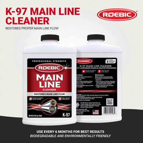 Two bottles of Roebic K-97 Main Line Cleaner, showing front and back labels, professional strength for restoring main line flow.