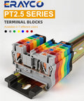 One Hundred Pcs Pt2.5 Push In Din Rail Terminal Blocks Feed Through Twin Spring Cage Screwless Wire Connectors No Sweat Quick Wiring AWG 26 To 12 For Industrial Control Panels Gray, showing colorful terminal blocks.