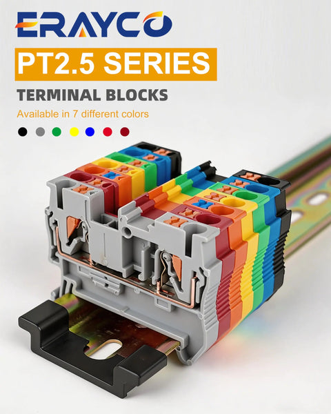 One Hundred Pcs Pt2.5 Push In Din Rail Terminal Blocks Feed Through Twin Spring Cage Screwless Wire Connectors No Sweat Quick Wiring AWG 26 To 12 For Industrial Control Panels Gray, showing colorful terminal blocks.