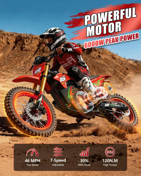 Off Road Electric Dirt Bike For Adults With 6000W Peak Mid Drive Motor 46 MPH Top Speed 60V 30Ah Battery 60 Mile Trail Ride