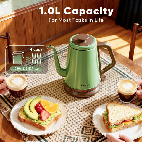 Gooseneck Electric Kettle 1L For Precise Pour Over Coffee And Tea Stainless Steel BPA Free Green Finish Ergonomic Handle Fast Heating Classic Pour Over Kettle For Home Barista