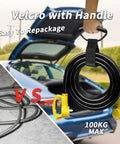 Person holding 50 Foot 30 Amp RV Extension Cord With Grip Handle Beefy Heavy Duty 10 Gauge 3 Wire STW Waterproof Outdoor Power Cable From TT30P To TT30R Cord Organizer ETL Listed Black Yellow with car in background