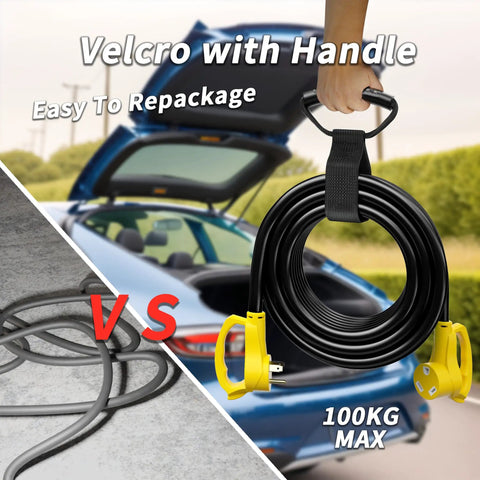 25 Foot 30 Amp RV Extension Cord With Grip Handle Heavy Duty 10 Gauge 3 Conductor STW Outdoor Power Cable Waterproof For Camping And RV Use NEMA TT 30P To TT 30R ETL Listed Cable Organizer Black Yellow with velcro handle against car trunk