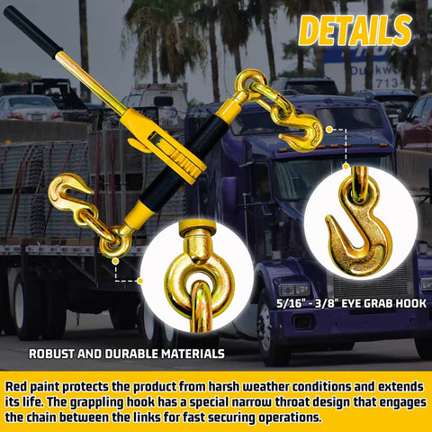 Heavy Duty 2 Pack Ratchet Chain Binders 5/16 To 3/8 Inch with hooks and all steel forged construction, background truck