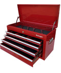 Open Beefy Portable Metal Tool Chest With Six Drawers, 24 Inch Tool Cabinet, Ball Bearing Drawer Slides, Central Lock, Steel Tool Storage Box, Organizer In Red 4005, showing interior and side handles.