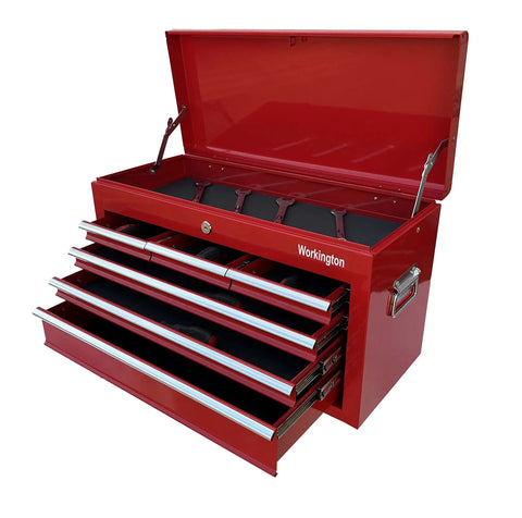 Open Beefy Portable Metal Tool Chest With Six Drawers, 24 Inch Tool Cabinet, Ball Bearing Drawer Slides, Central Lock, Steel Tool Storage Box, Organizer In Red 4005, showing interior and side handles.
