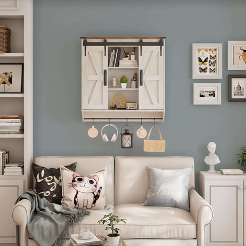 Farmhouse Style Medicine Cabinet with 2 Sliding Barn Doors, 3 Tier Rustic Wood Wall Storage, wall-mounted in a living room setting.