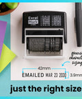 Workhorse Self Inking Date Stamp With Twelve Rotatable Bands For Paid Received Posted Scanned Shipped Void Verified And Full Year Setup Built To Last For Busy Office Crews on colorful background with clear imprint example.