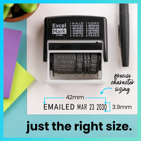Workhorse Self Inking Date Stamp With Twelve Rotatable Bands For Paid Received Posted Scanned Shipped Void Verified And Full Year Setup Built To Last For Busy Office Crews on colorful background with clear imprint example.