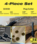 Pro Grade Woodworking Countersink And Plug Cutter Set With Adjustable HSS Drill Bits No 8 And No 12 shown with drilled holes and plug cutters.