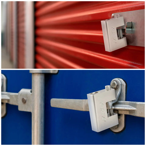 Heavy Duty 1kg Padlock With 5 Keys securing a red shutter and blue container, showing hardened chrome steel monoblock lock.