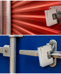 Beefy Heavy Duty 1kg Padlocks Set With 10 Keys 2 Pack securing red garage and blue container doors in outdoor setting.
