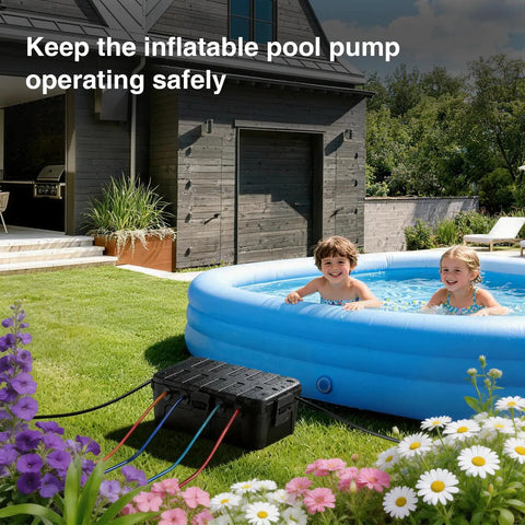 Large Outdoor Electrical Box Weatherproof IP54 Heavy Duty Extension Cord Cover Protect Outlets Plugs Sockets Timers Power Strips Black shown by inflatable pool