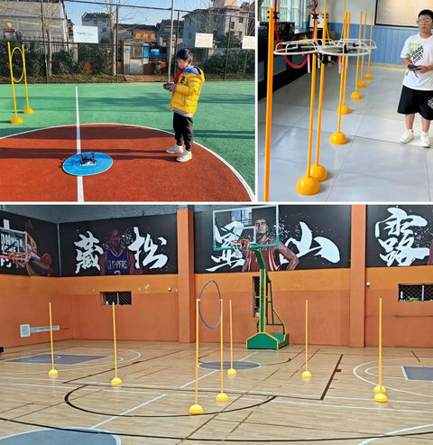Rugged Drone Obstacle Course Kit For RC FPV Racing Indoor Outdoor Training with hoops and poles setup on various surfaces.