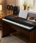 Stretchy Dust Cover For 88 Key Digital Piano Keyboard on wooden stand in home studio, black flexible protector, adjustable cord