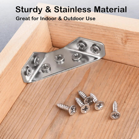 Stainless Steel Corner Brackets Beefy Heavy Duty Furniture Support For Wood Cabinets Tables Drawers And Chairs Easy Install With Predrilled Holes And Included Screws on wooden surface with screws